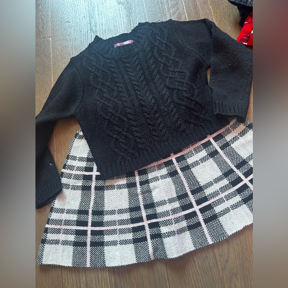 Girls Black Cable-Knit Crew Sweater with Plaid Scoop-Neck Skirt Set
